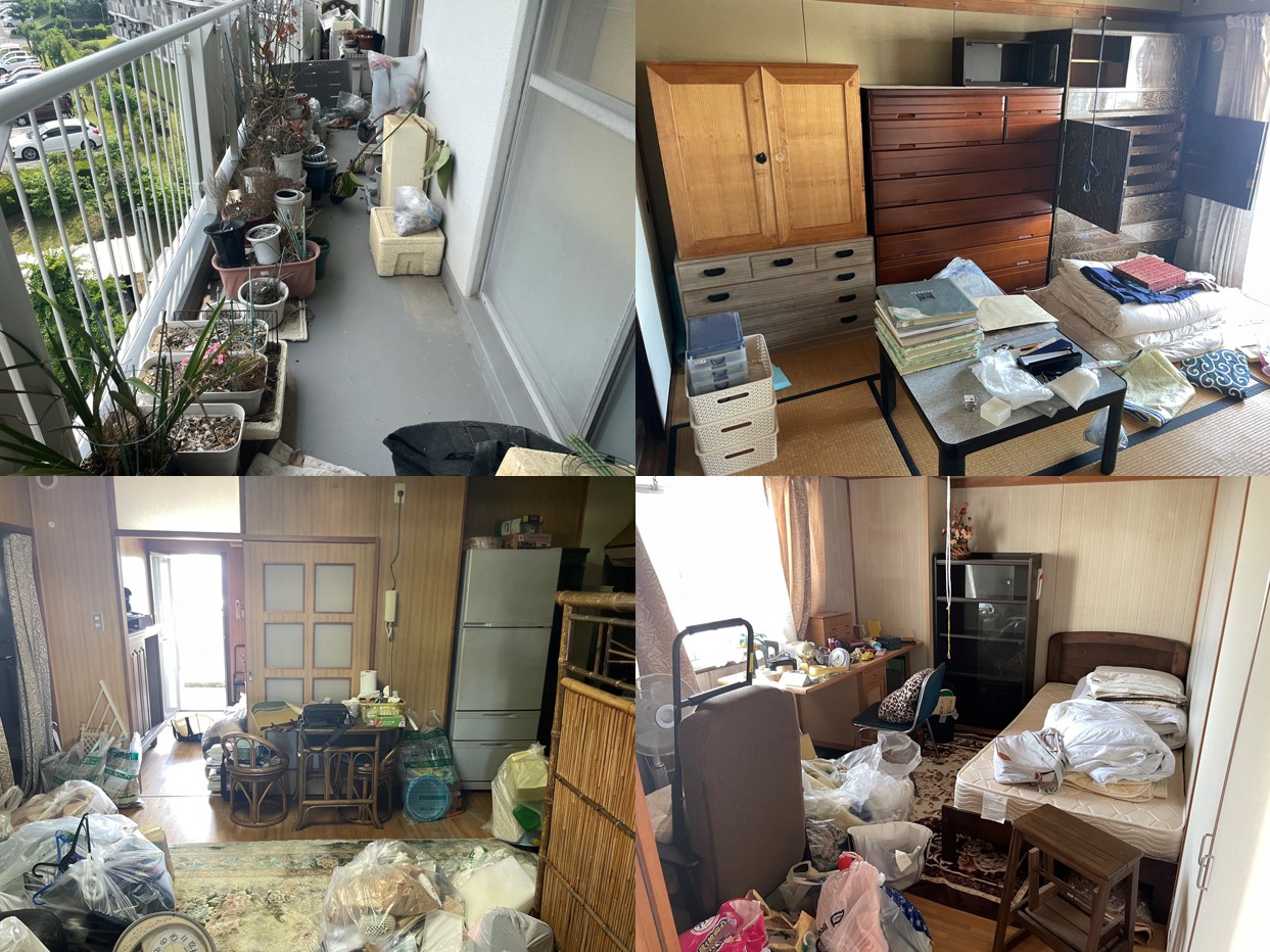 賃貸物件の遺品整理ビフォー。家財撤去前の荷物が残っている様子。